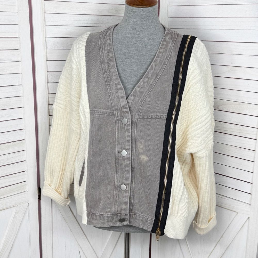 Porter Collective Sweater Jacket Women Small Cream Taupe Denim Knit Bomber Butto